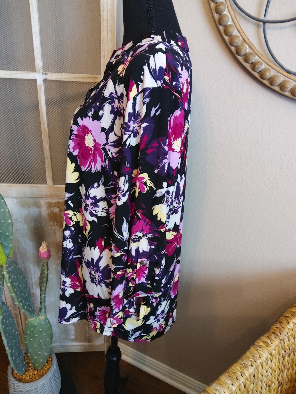 Dear Scarlett Black Floral V-Neck Tunic with Fuchsia, White & Yellow Blooms - Picture 8 of 10